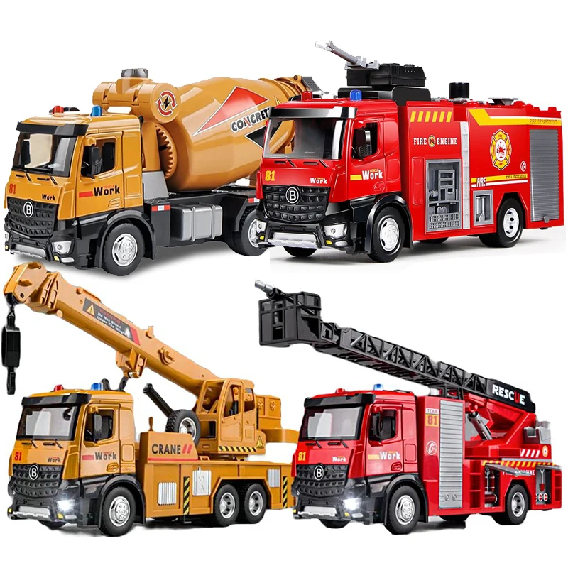 Large Alloy Fire Truck Model Metal Die-casting Excavator Mixer Crane Simulation Sound And Light Car Toys For Boys