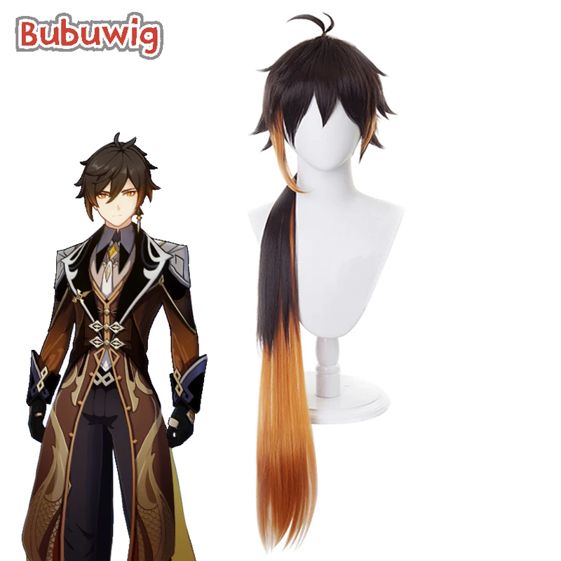 Bubuwig Synthetic Hair Genshin Impact Zhongli Cosplay Wig 100cm Long Brown Gradient Orange Mixed Colored Wigs Heat Resistant 2023 new genshin impact women hoodies klee anime cosplay hoodied sweatwear harajuku hoodie clothes tops long sleeve sweatshirt