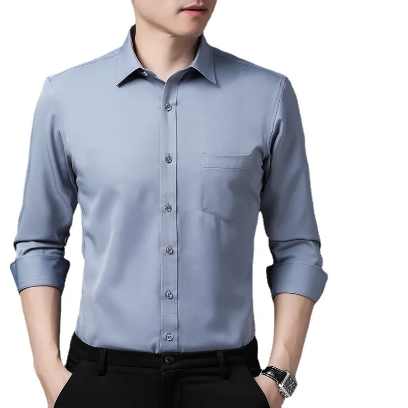 

Summer Ice Silk Men's Long-sleeved Shirt Business Casual Elastic Non-iron Professional Wear Tooling Solid Color Comfortable Top