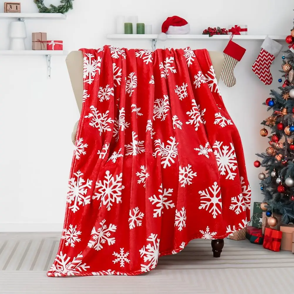 1pc Christmas Red Throw Blanket White Snowflake Throw Blanket Xmas Winter Holiday Cozy Fuzzy Plush Throw Blankets Super Soft