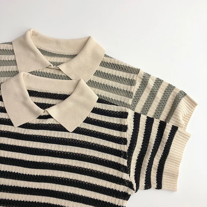 Children's Knitted Casual Shirts Summer Girl's Knitted Tops Striped T-shirts Retro Style Boy's Tops