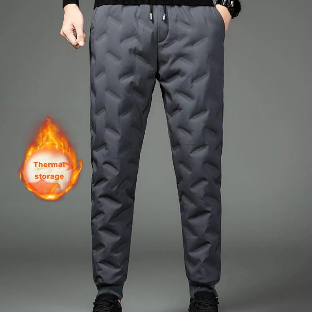 

Warm Fleece Lined Men Trousers Men's Winter Down Sweatpants with Elastic Waistband Thick Fleece Lining Waterproof for Streetwear
