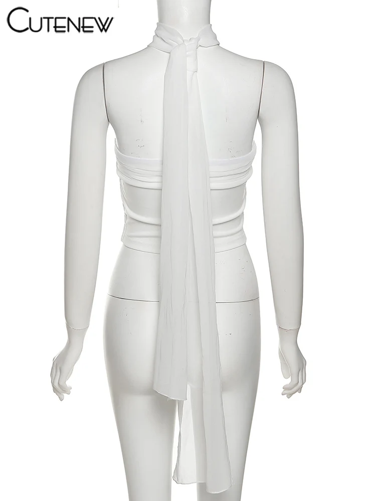 Women's White Ruffled Bustier Vest Shapewear Slim Undershirt Hanging Neck Silk Scarf Top Summer Clothing For Women