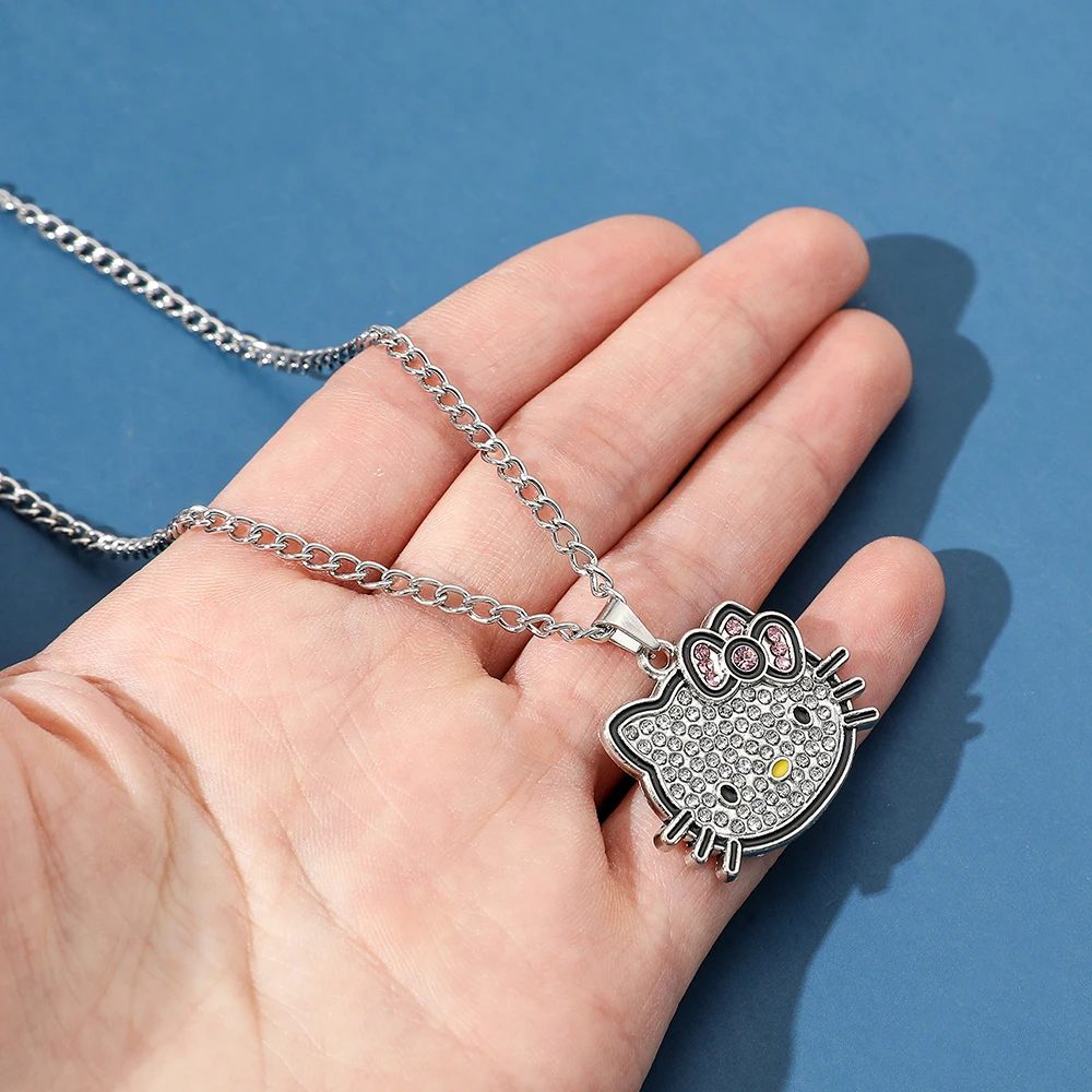 Hello Kitty Sanrio Necklace Silver Color Single Layer Shining Bling Women  Clavicle Chain Elegant Charm Wed Pendant Jewelry Gift