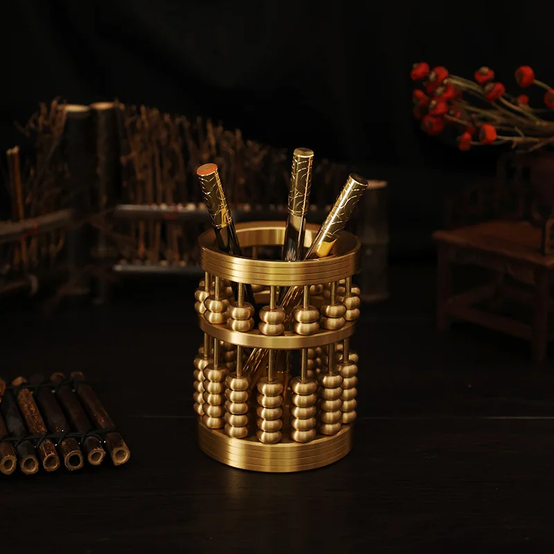 

Chinese Traditional Abacus 100% Copper Handmade Pen Container Home Desk Tubular Penrack Ornament Table Study Office Decoration