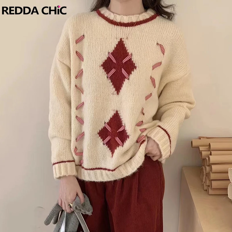 

REDDACHiC Рождественский подарок Красный Клетчатый свитер для женщин повседневный топ с длинными рукавами пуловер с лентой пэчворк 2023 теплая зимняя вязаная одежда