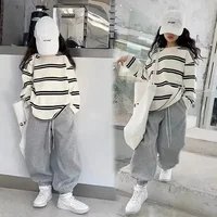 2025 Korea Style Simple Kids Clothes Girl 2Pcs Set Clothing Long Sleeve Striped+Loose Pant Outfits for Teen Girl 6 8 10 12 14Y
