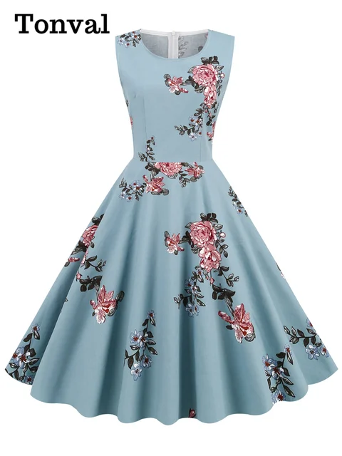 112749-73cf02.jpg Tonval élégant années 50 Robe rétro vêtements Pinup été Robe florale col rond sans manches femmes coton Vintage imprimé robes