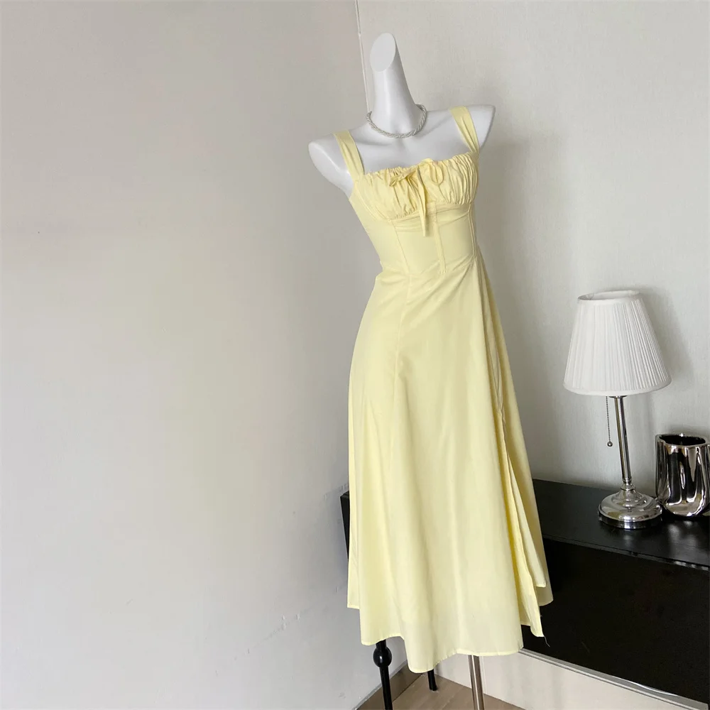 French Vintage Strap Birthday Party Dress High Split Lace-up Summer Off Shoulder A-line Sleeveless Prom Robe Solid Vestido Mujer