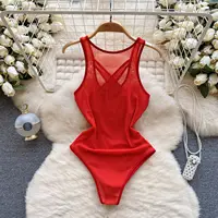 Foamlina Sexy Red Mesh Vest Jumpsuit Women's Sleeveless Cross Chest Slim Fit See Through Mesh Top Unique Bottom Top New Arrival - Image 5
