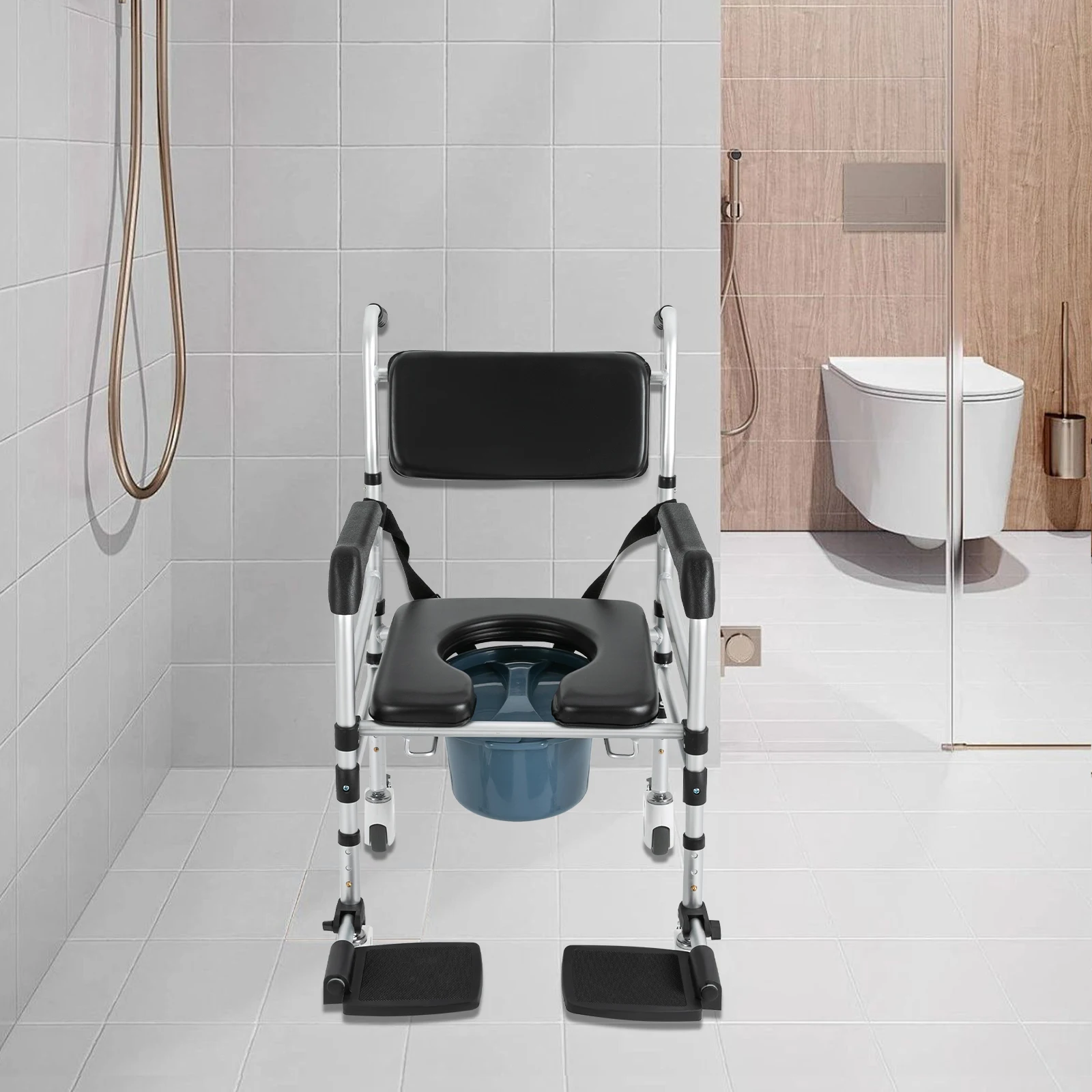 Shower Chair Rolling Commode Seat for Toilet with Arms, Adjustable Height Folding Bath Wheelchair for Elderly, Disabled, Injured 4
