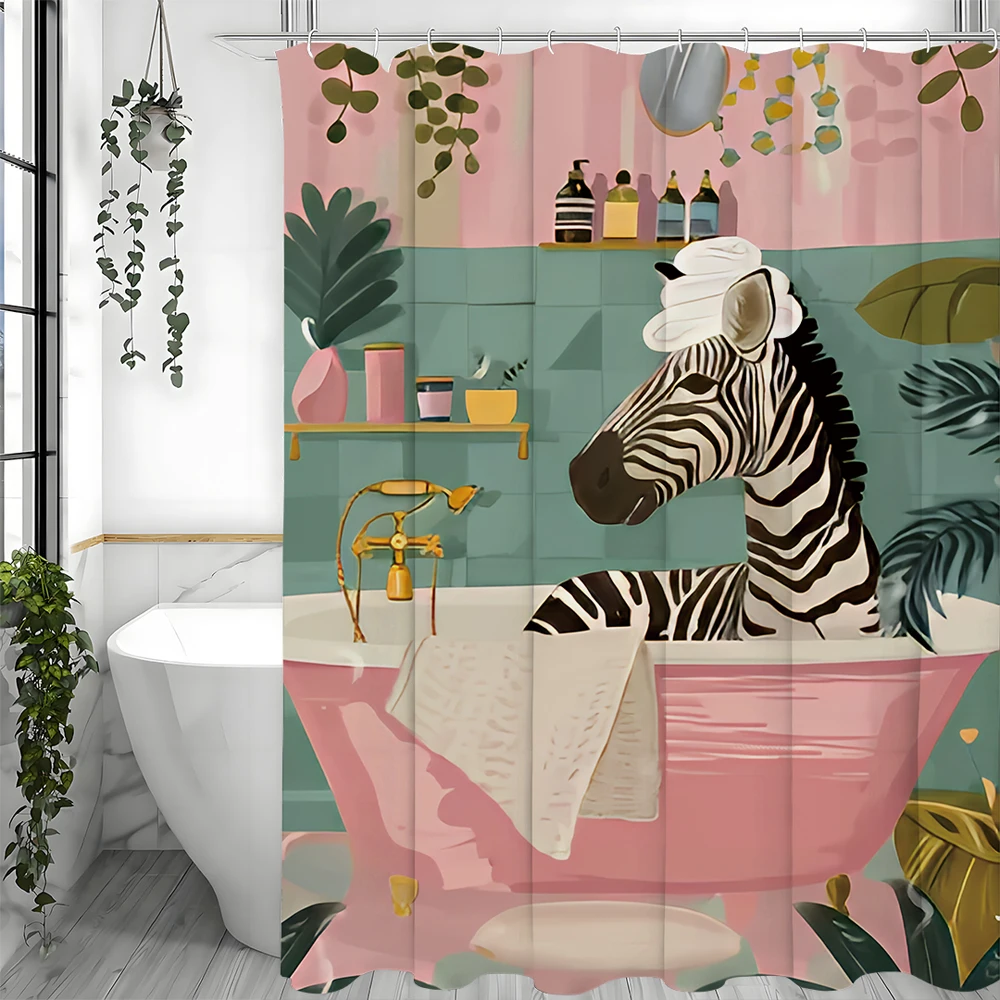 Bathroom Zebra Shower Curtain Floral Plants Pink Walls and Bathtub Green Tile Bathroom Decorative Shower Curtain Waterproof S,shower curtains