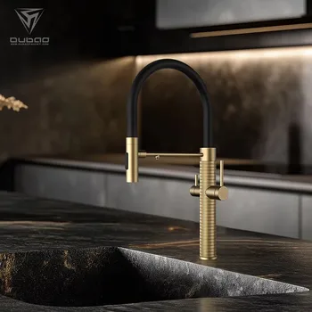 Luxury Brushed Gold กรองน้ําก๊อกน้ําห้องครัว Modern Design อ่างล้างจานติดตั้งแตะทองเหลืองร้อนเย็น KITCHEN TAP 3-Channel Water Flow 1