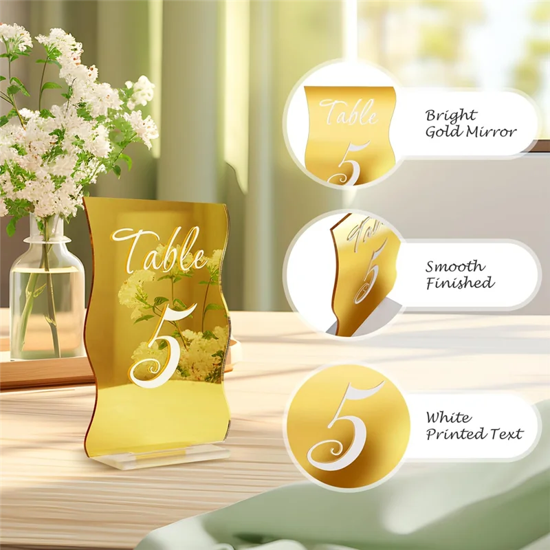 Hot Selling-10PCS Gold Table Numbers With Stands Holders Wave Elegant Wedding Acrylic Table Numbers Large Modern Number Si