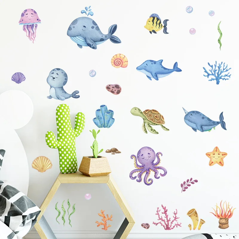 Sea octopus sea lion whale turtle wall stickers for children bedroom porch living room decoration wall stickers,self adhesive wall stickers