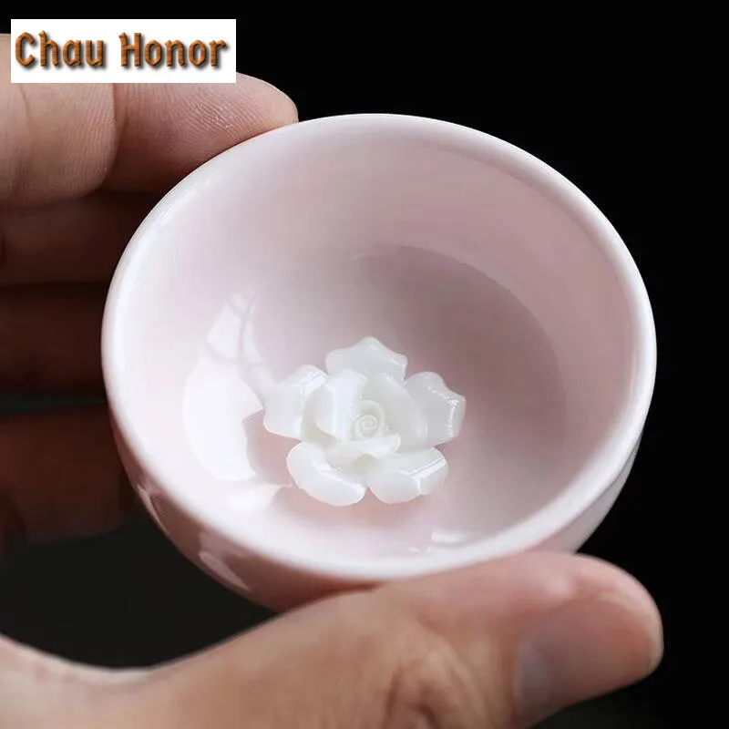 2pc/lot Boutique Pink Mutton Fat Jade Inch Flowers Teacup Tea Bowl Water Jug Tea-tasting Smelling Cup Chazhan Master Cups Cafes