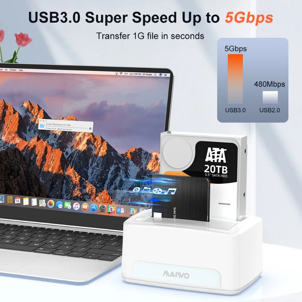 MAIWO 듀얼 베이 HDD 도킹 스테이션, 오프라인 복제 SATA to USB 3.0, 2.5 3.5 인치 SSD 인클로저 하드 디스크 SATA 하드 드라이브 HDD