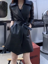 Autumn 2022 New Fashion Lace Up Waist Collection Leather Dress Mid Length Washed Sheepskin Windbreaker Coat
