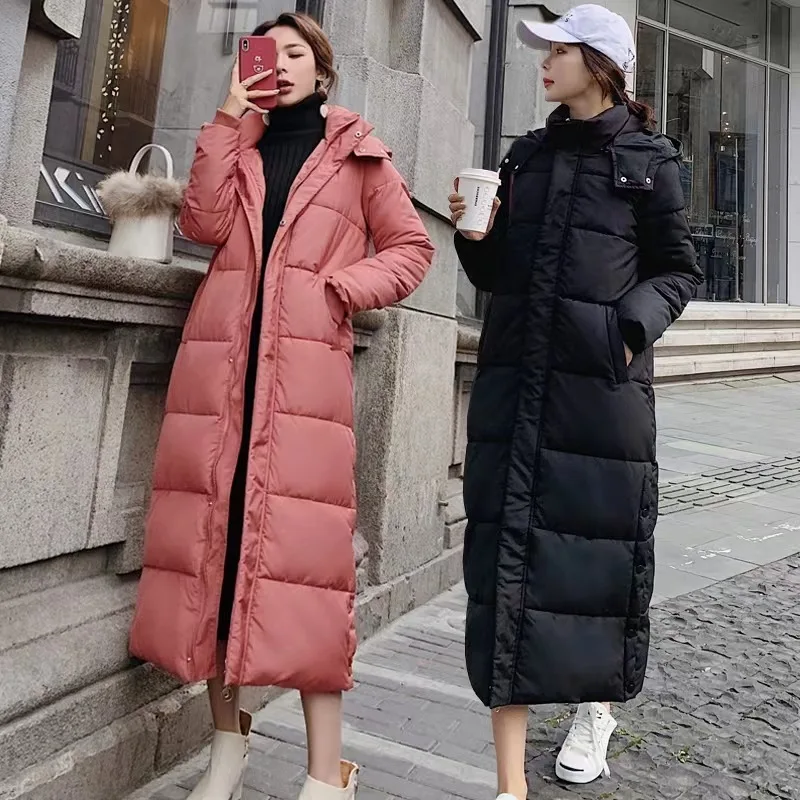 Woman hooded down jacket Hat detachable Cotton-padded woman coat over the knee plus long 2023 winter new thick coat office lady