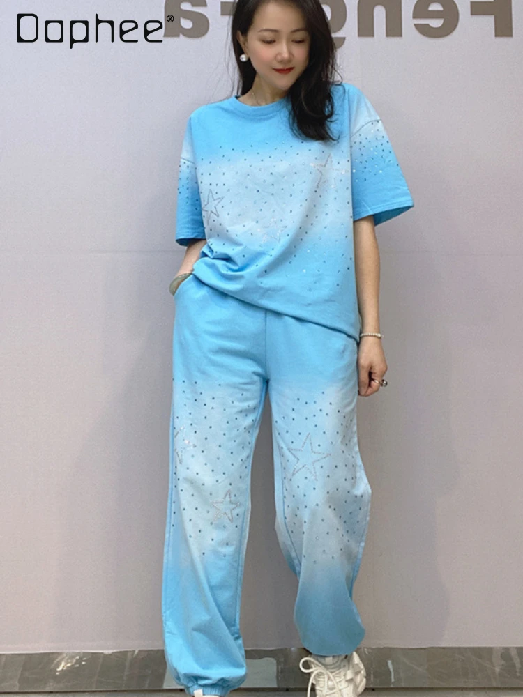 leisure-suit-2024-spring-summer-tie-dyed-starry-hot-drilling-cotton-short-sleeve-t-shirt-and-trousers-2-piece-sets-women-outfits