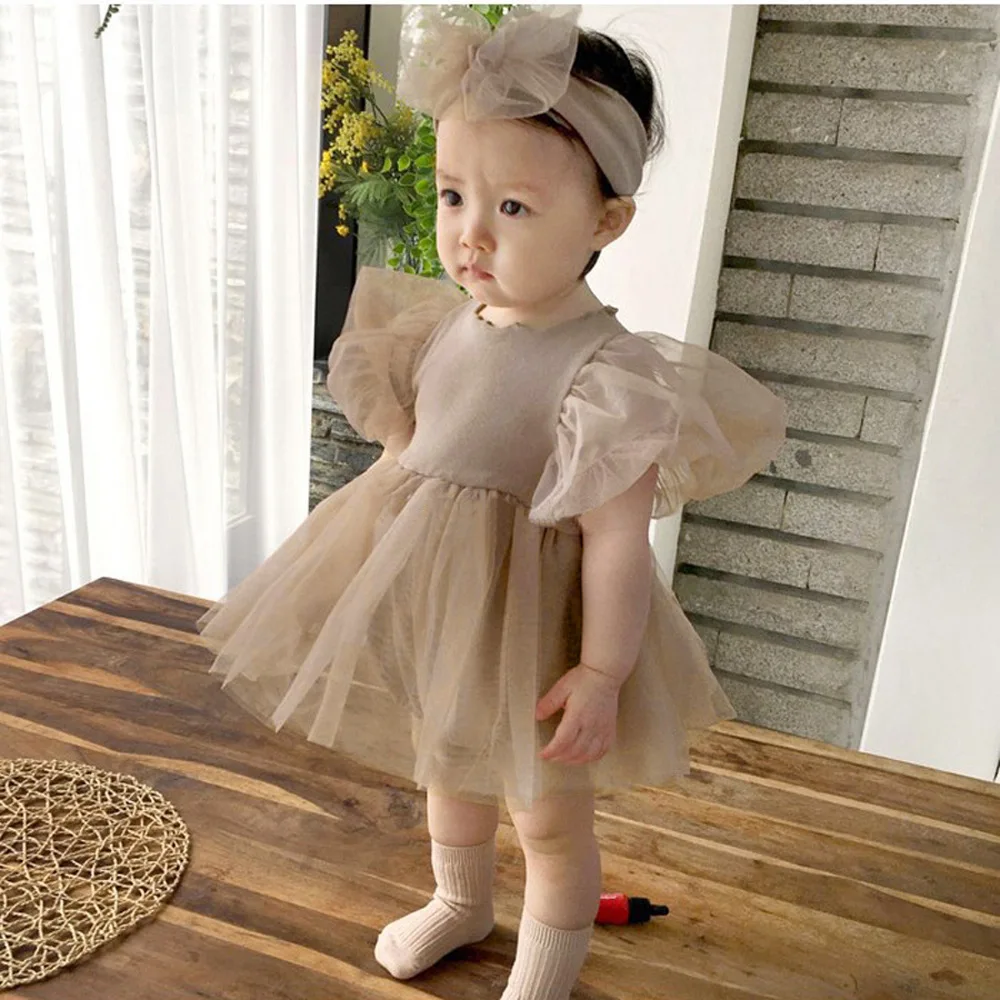 South Korea's same centenary princess short-sleeved climbing suit baby girl bubble sleeve puffy gauze skirt sister dress
