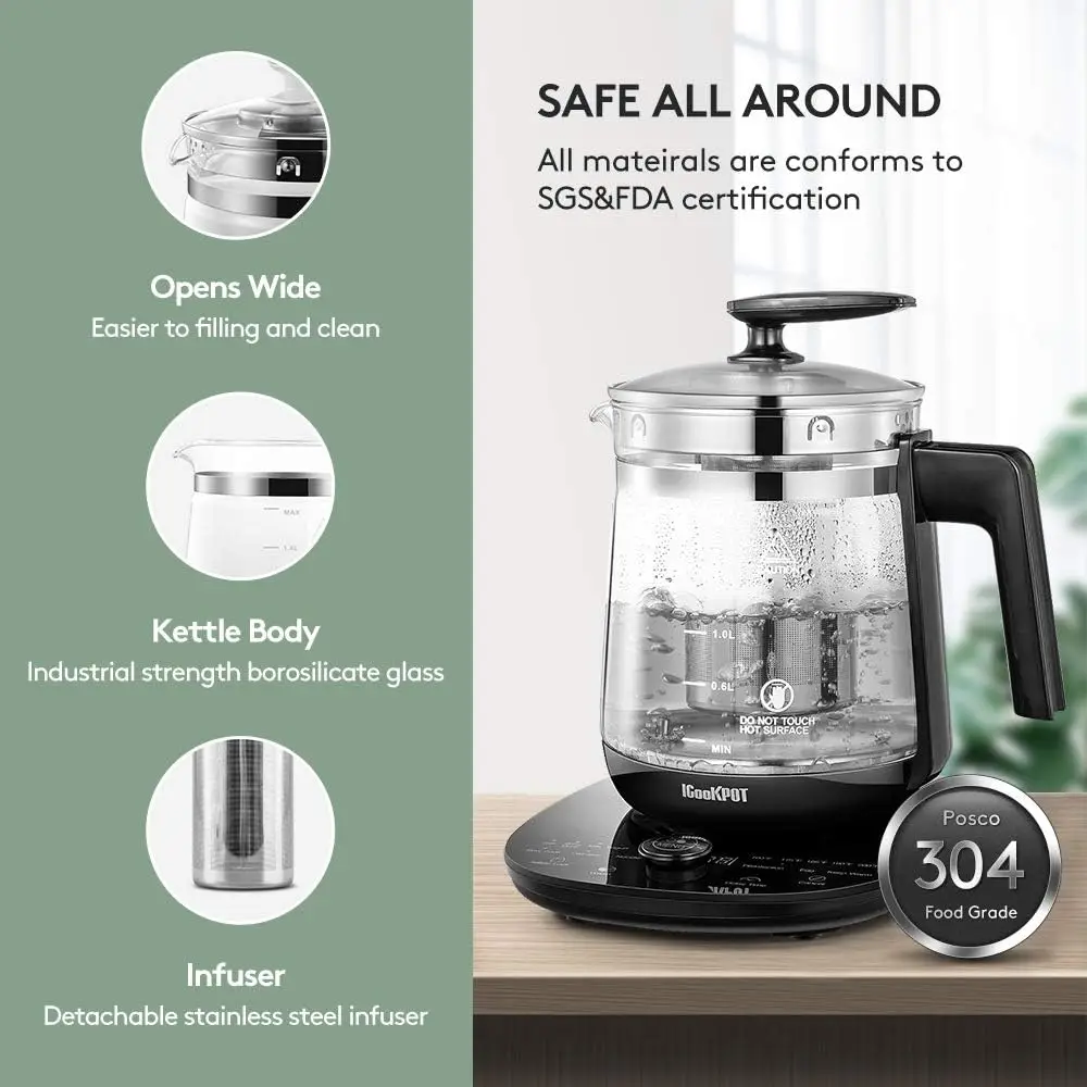 Kettle Temperature Control Glass Tea Kettle Programmable Control Tea Pot, 2 Liter Stainless Steel Maker & Coffee Ke