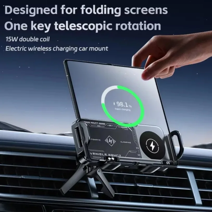 Dual Coil Fold Screen Car Fast Wireless Charger Stand For Samsung Galaxy Z Fold 6 5 4 S24 Ultra Xiaomi iPhone 16-12 Pro Max