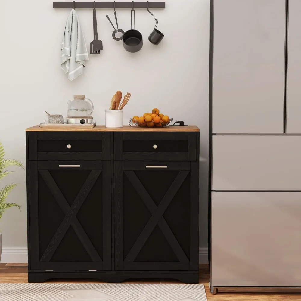 Tilt Out Trash Can Cabinet 9.25 Gallon, Kitchen Island with Power Outlet, 2 Drawers, Adjustable Shelves, Hidden Storage Garbage 2