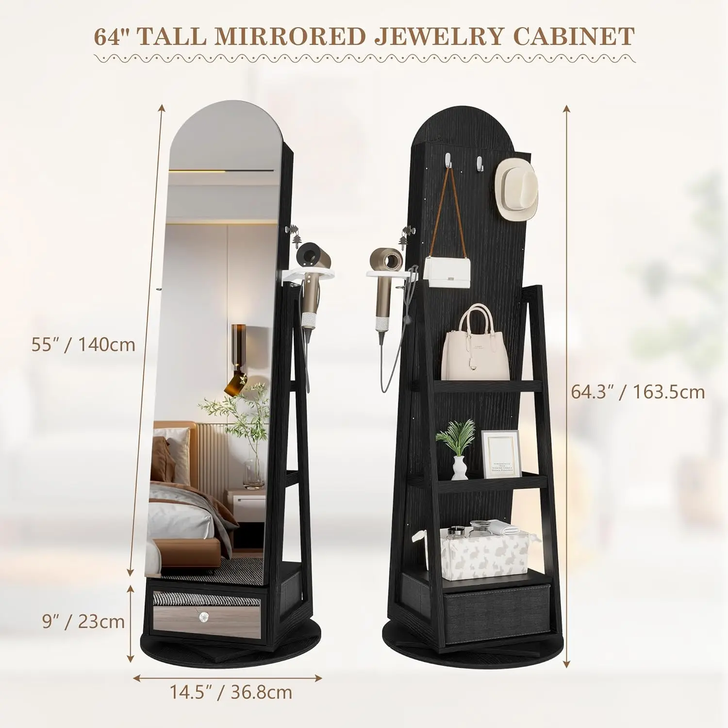 360° Swivel Arched Jewelry Mirror Cabinet, 64"H Standing Jewelry Armoire with 6 LED Lights, Lockable Jewelry Organizer