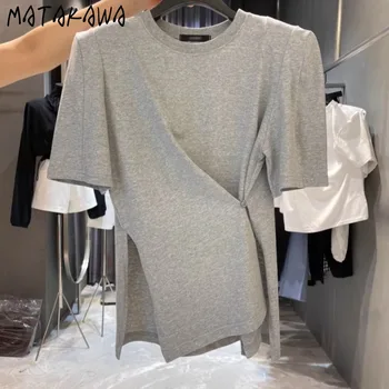 Matakawa Spring Summer T Shirt for Women Irregular Korean Fashion Solid Ropa De Mujer Simple Elegant Basics Short T-shirts 1