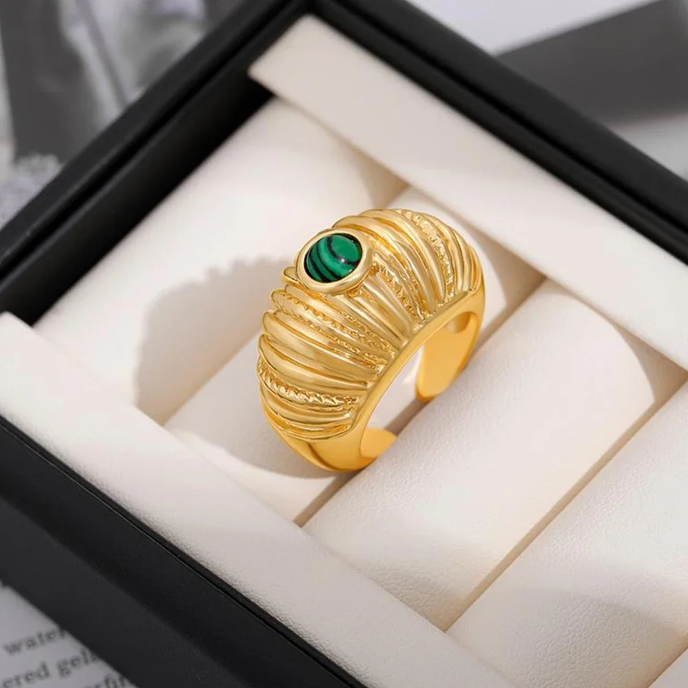 New Retro Exaggerate Lava Textured Chunky Rings for Women Lightweight Striped Green Natural Stone Dome Knuckle Ring Punk Jewelry