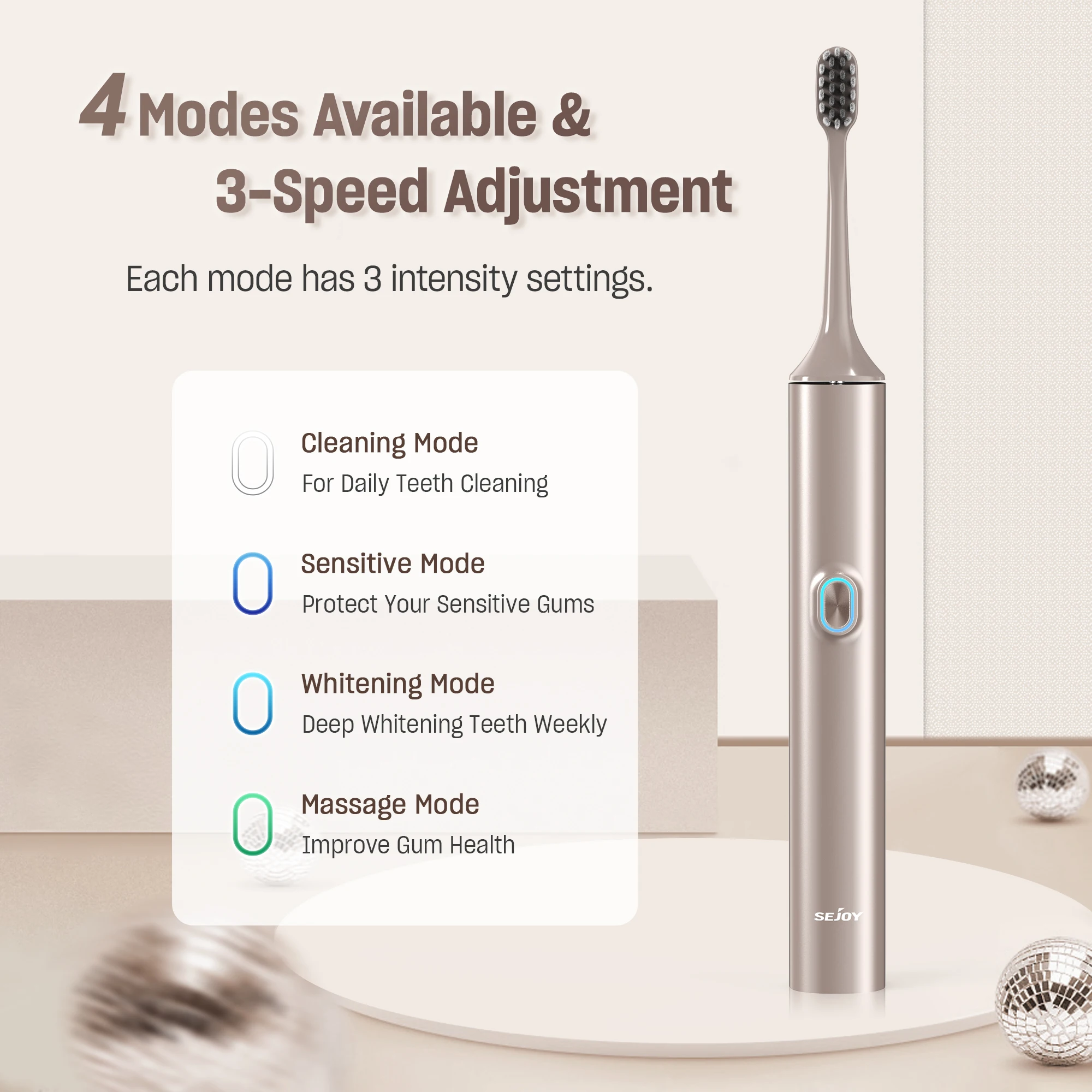 Sejoy Sonic Electric Toothbrush Set Teeth 4 Models Whitening Dental Cleaning IPX7 Waterproof Electronic Tooth Brush 8 Heads 4