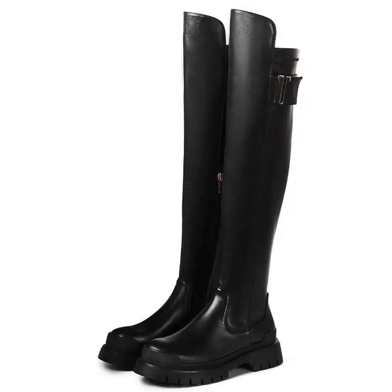 Cow Leather Platform Thigh High Boots Round Toe Casual Winter