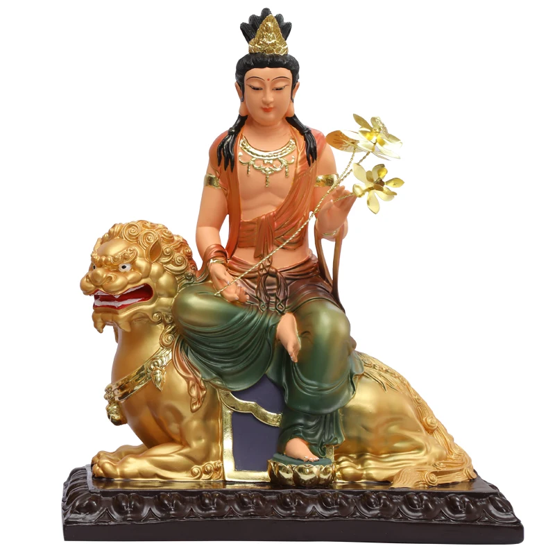 

26CM/10"(H)Temple Manjusri Benevolence Bodhisattva Resin Painted Buddha Avalokitesvara Three Saints Statue Feng Shui home decor