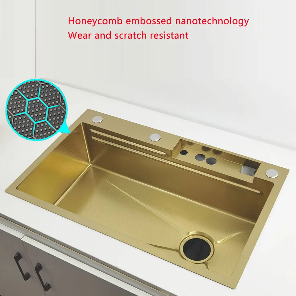 Gold LED Waterfall Kitchen Sink Large Single basin honeycomb anti-scratch nano technology Stainless Steel Sink LED Faucet 5