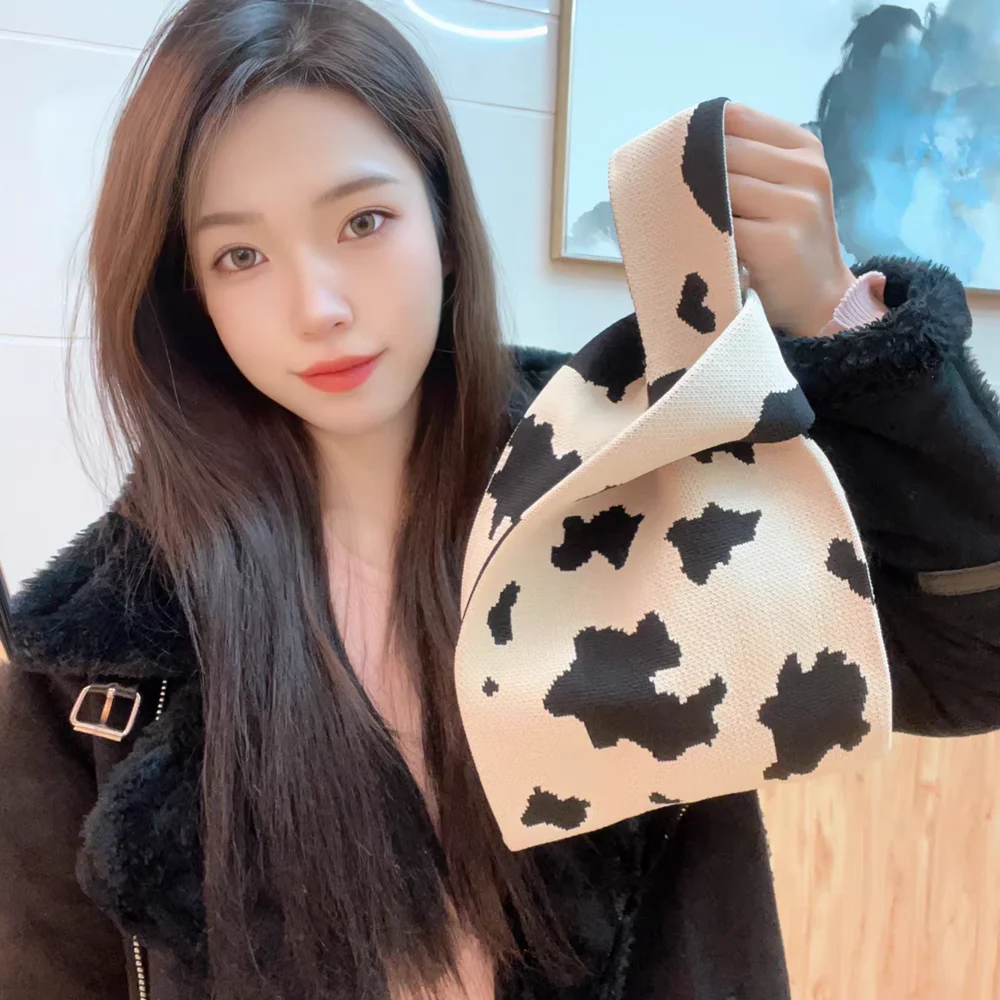 Handmade Knit Handbag Women Mini Knot Wrist Bag Japanese Casual Color Wide Stripe Plaid Tote Bag shopping bag tote bags Student Reusable Shopping Bags