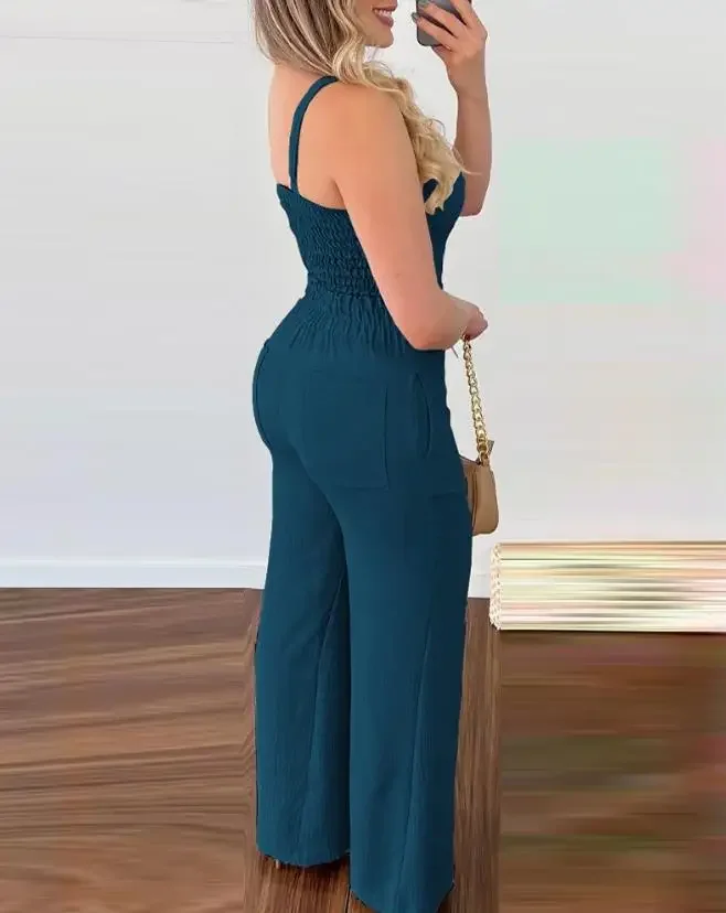 Women's Suit Fashion New Shirred Cami Top & Casual High Waist Pants Set Temperament Two Piece Sets Women Outifits 2024 Summer