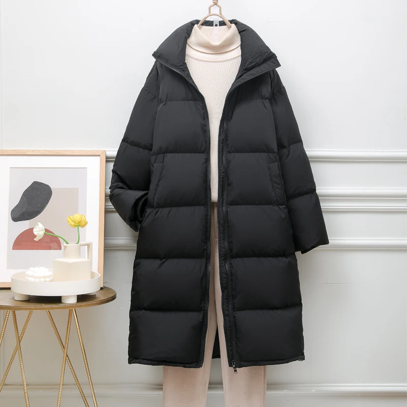 

Женский пуховик средней длины, белый пуховик с отложным воротником и длинным рукавом, модное зимнее пальто