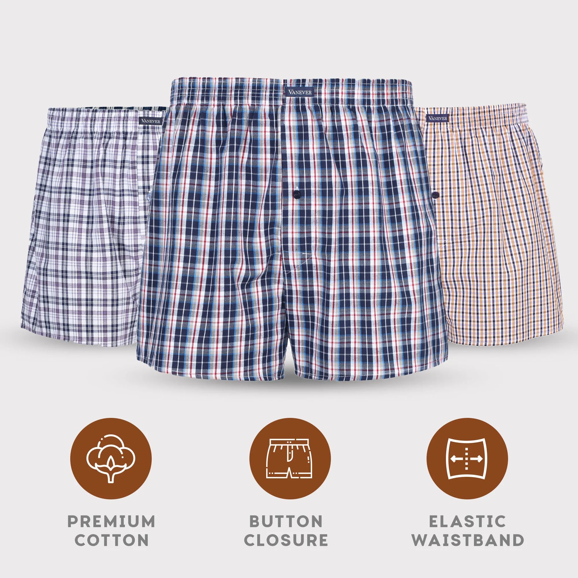 VANEVER 3 Pcs Boxers, Mid Waist Knit Cotton Woven Shorts, Loose Fit Plaid Men's Panties, Comfortable Homewear Men’s Underwear