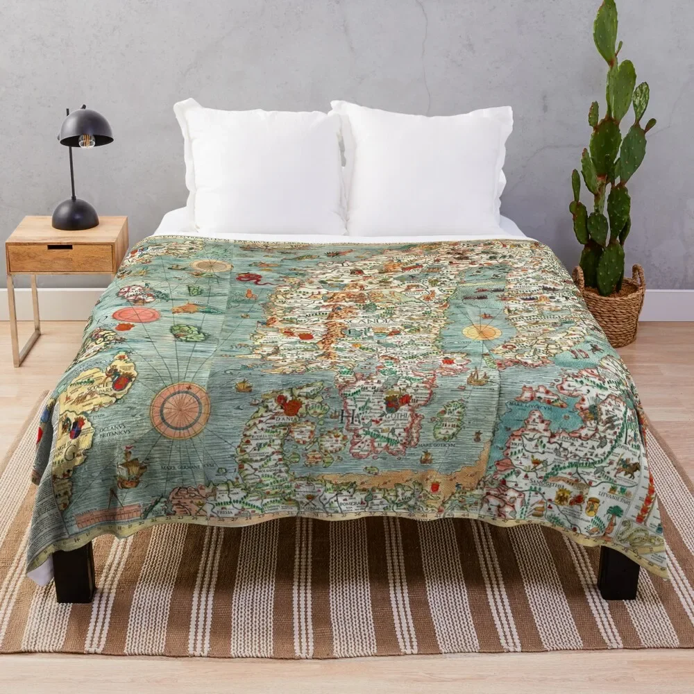 

Carta Marina, map of Scandinavia by Olaus Magnus - 1539 Throw Blanket christmas decoration Summer Beddings Flannels Blankets