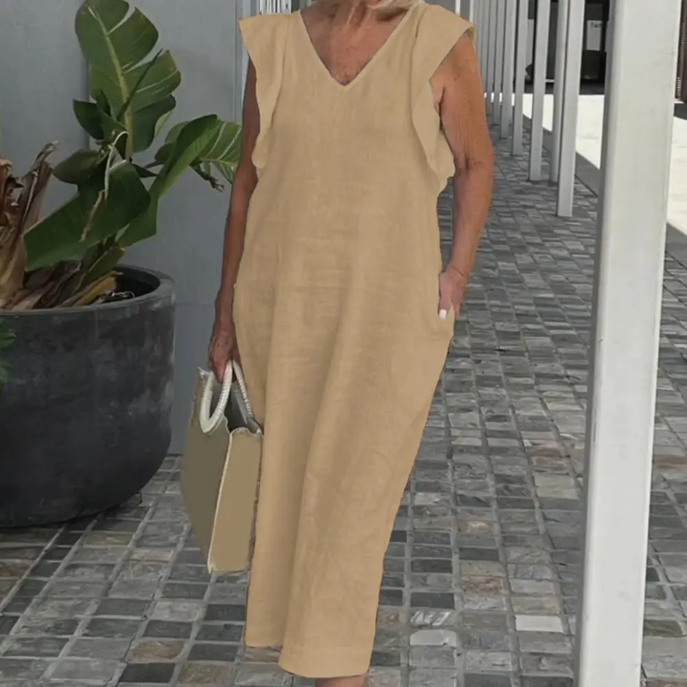 

Cotton Blend Dress Elegant Ruffle Sleeve Midi Dress with V Neck Side Pockets for Summer Vacation or Beach Outings Stylish