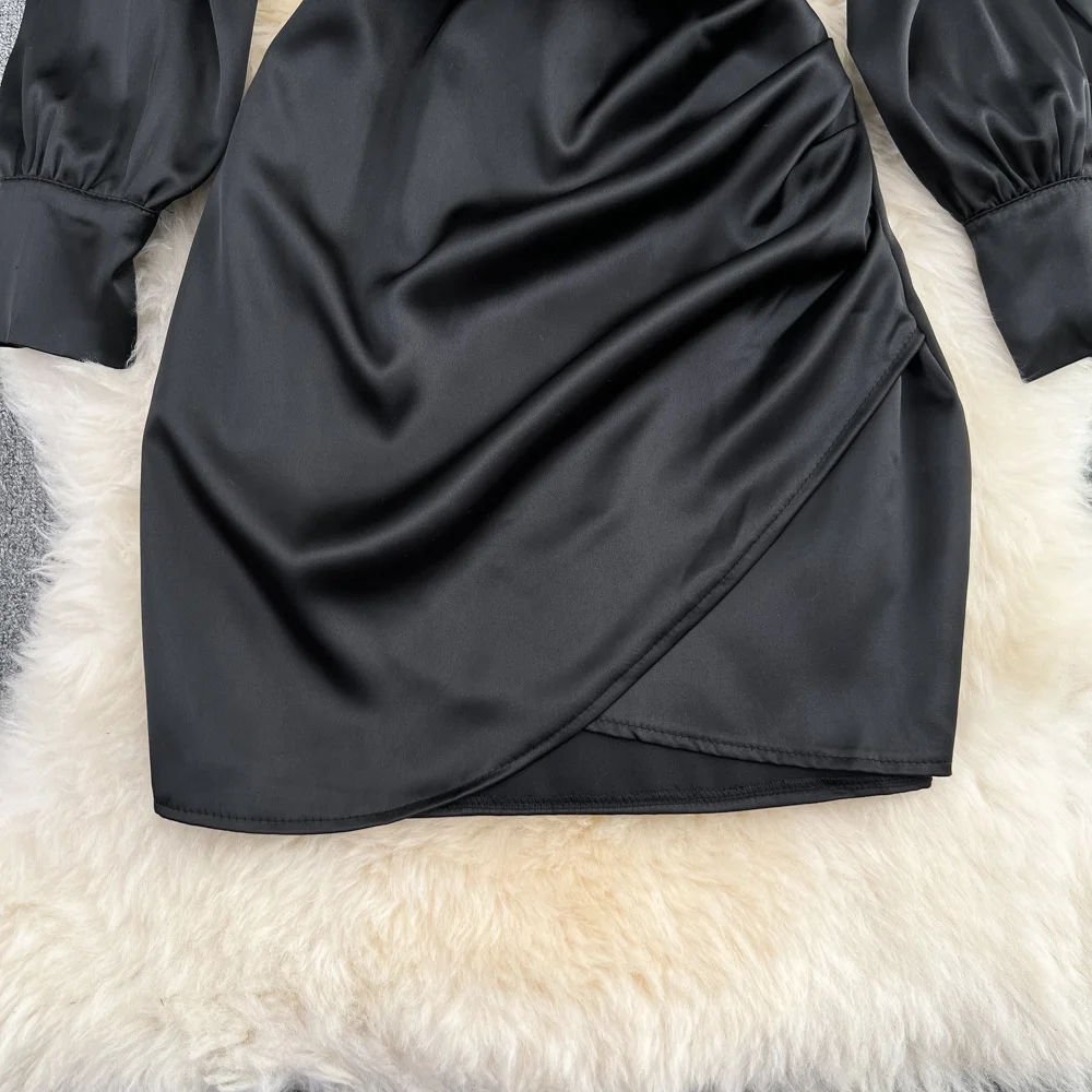 chinese dress ladies Black Satin Long Sleeve Wrap Top Ruched Mini Dress  AX Paris