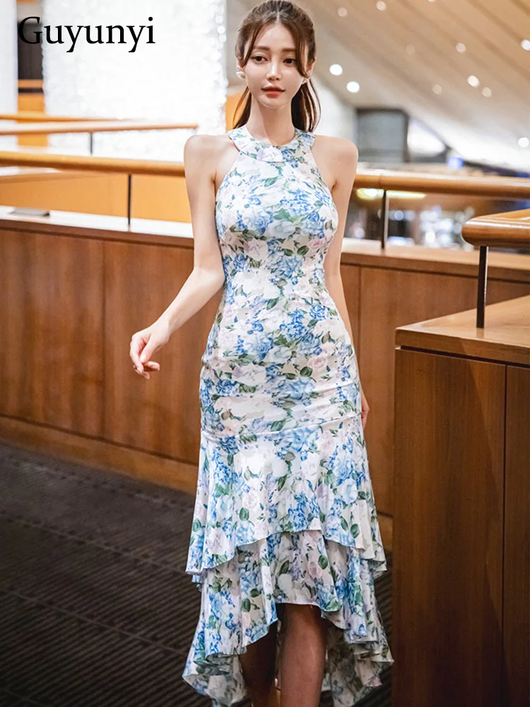 

Винтажное платье с принтом, модное платье с О-образным вырезом и лямкой на шее, без рукавов, с вырезами на спине, элегантное вечернее платье с глубоким вырезом «рыбий хвост»