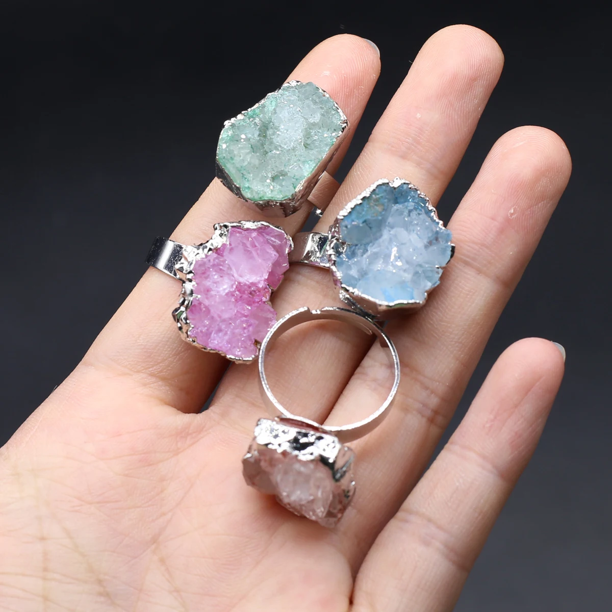 

8PCS Natural Semiprecious Crystal Raw Stone Irregular Adjustable Ring Exquisite Reiki Healing Jewelry Wedding Gift for Women
