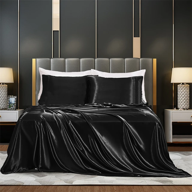 Juego de sábanas de seda satinada de lujo para cama, Sábana plana, Sábana  bajera y funda de almohada, Funda de colchón de Color sólido, Queen -  AliExpress