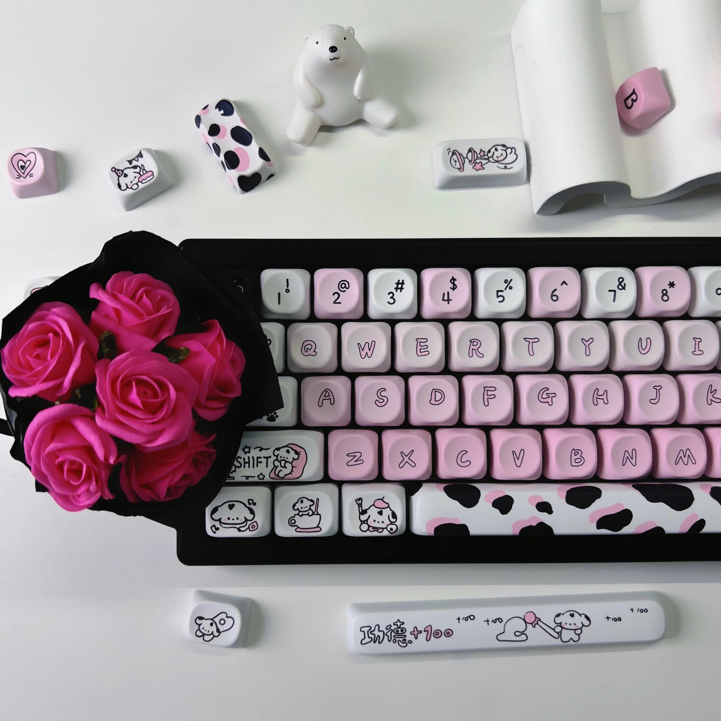Manchado Puppy Moon Keycap Teclado tipo de Sublimação Faça Você Mesmo Teclado Mecânico Lua Rosa Layout 75 87 98 Branco - Imagem 5