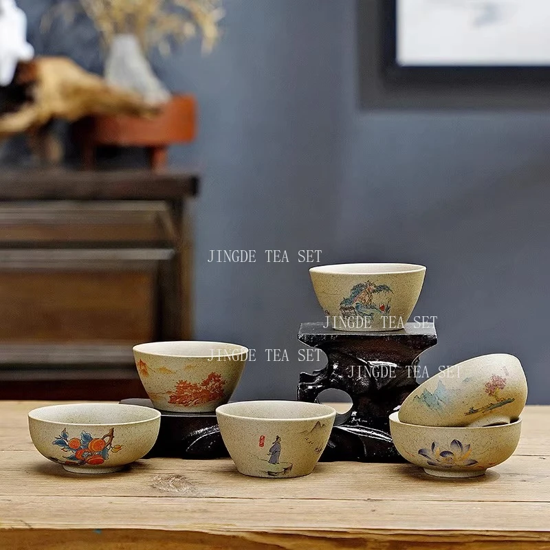 6pcs Kung Fu Little Tea Cup Household Ceramic Purple Clay Tea Bowl Chinese Coarse Pottery Conical Hat Tea Cup Teaset Accessories