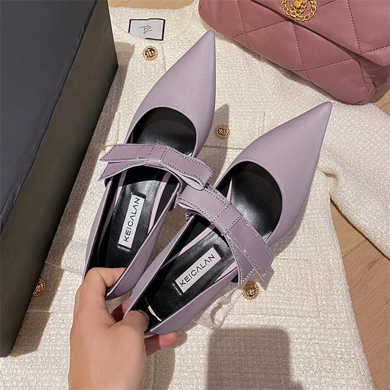 

Solid Color Pointed Toe Women Leather Shoes Casual Thick Heel Buckle Strap Fashion Summer Bow-knot Shallow Zapatos Mujer