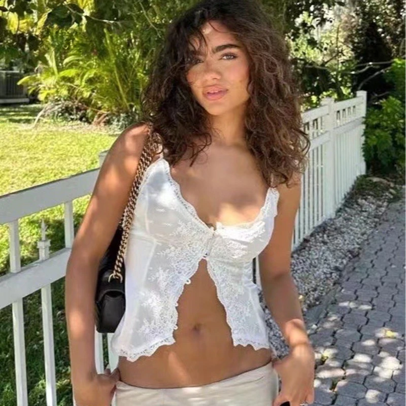 

White Lace Satin Sweet Summer Camis Single Breasted V-neck Sexy Tank Tight Club Street Crop Tops Chic Fashion Women Vest