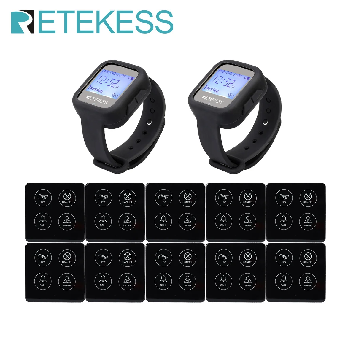 

Retekess Restaurant Pager Wireless Waiter Calling System 2 TD106 Waterproof Watch Receiver 10 TD033 Call Buttons For Hookah Cafe